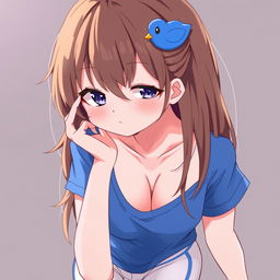 Anime-style illustration of a girl with loose brown hair adorned with a blue duck hair clip, featuring slightly protruding fangs for a playful and seductive edge