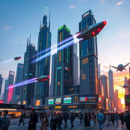 A futuristic cityscape with towering skyscrapers adorned with glowing neon lights