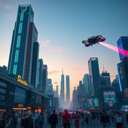 A futuristic cityscape with towering skyscrapers adorned with glowing neon lights