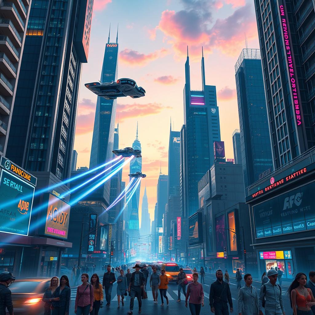 A futuristic cityscape with towering skyscrapers adorned with glowing neon lights