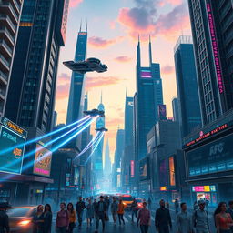 A futuristic cityscape with towering skyscrapers adorned with glowing neon lights