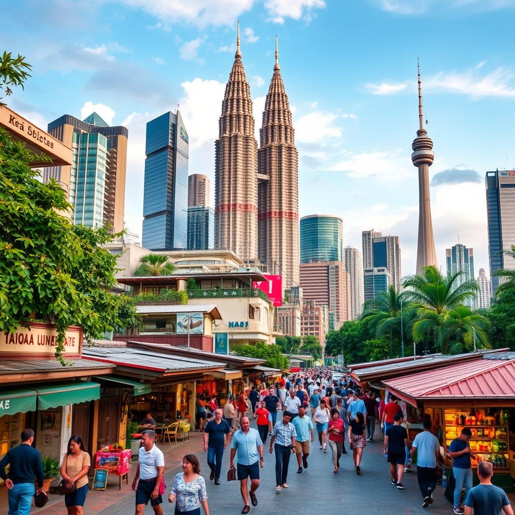 A breathtaking urban scene capturing the vibrant heart of Kuala Lumpur, featuring iconic landmarks like the Petronas Twin Towers and KL Tower in the background