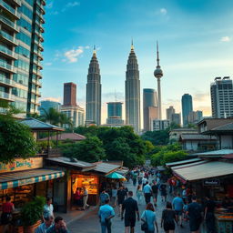 A breathtaking urban scene capturing the vibrant heart of Kuala Lumpur, featuring iconic landmarks like the Petronas Twin Towers and KL Tower in the background