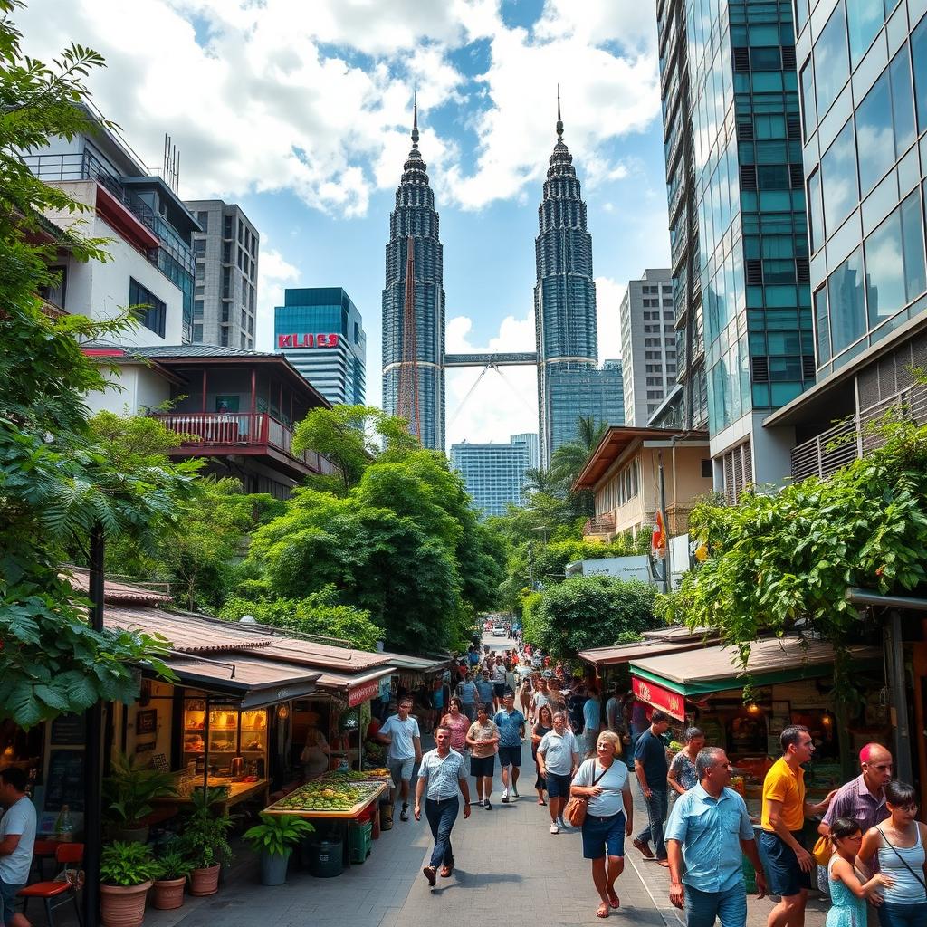 A breathtaking urban scene capturing the vibrant heart of Kuala Lumpur, featuring iconic landmarks like the Petronas Twin Towers and KL Tower in the background