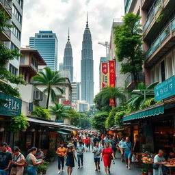 A breathtaking urban scene capturing the vibrant heart of Kuala Lumpur, featuring iconic landmarks like the Petronas Twin Towers and KL Tower in the background