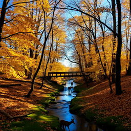 A serene forest scene during autumn with golden leaves gently falling from the trees