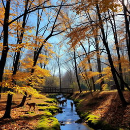 A serene forest scene during autumn with golden leaves gently falling from the trees