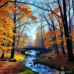 A serene forest scene during autumn with golden leaves gently falling from the trees