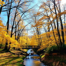 A serene forest scene during autumn with golden leaves gently falling from the trees