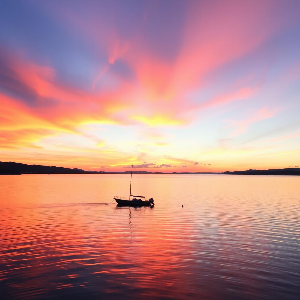 A serene sunset over a tranquil lake, with vibrant hues of orange, pink, and purple reflecting on the calm water