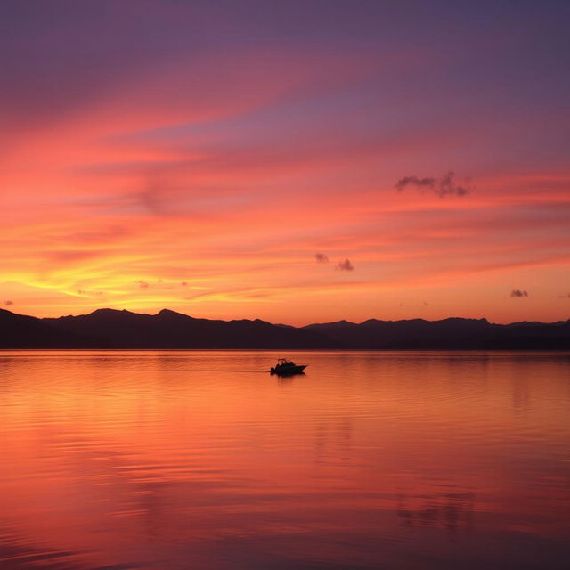 A serene sunset over a tranquil lake, with vibrant hues of orange, pink, and purple reflecting on the calm water