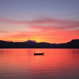 A serene sunset over a tranquil lake, with vibrant hues of orange, pink, and purple reflecting on the calm water