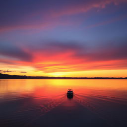 A serene sunset over a tranquil lake, with vibrant hues of orange, pink, and purple reflecting on the calm water