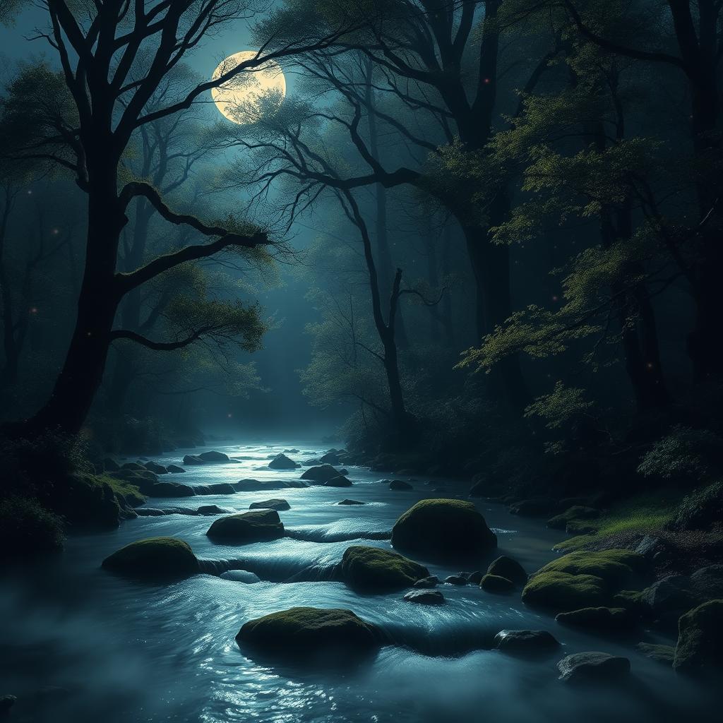 A midnight landscape featuring a gentle stream flowing through a dense forest