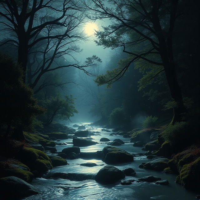 A midnight landscape featuring a gentle stream flowing through a dense forest