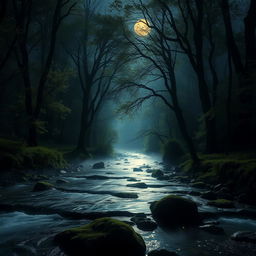 A midnight landscape featuring a gentle stream flowing through a dense forest