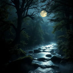 A midnight landscape featuring a gentle stream flowing through a dense forest