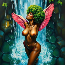 A polished, oil-based painting depicting a full nude body aerial view of a gorgeous black woman with a bright green tree afro and pink flamingo wings