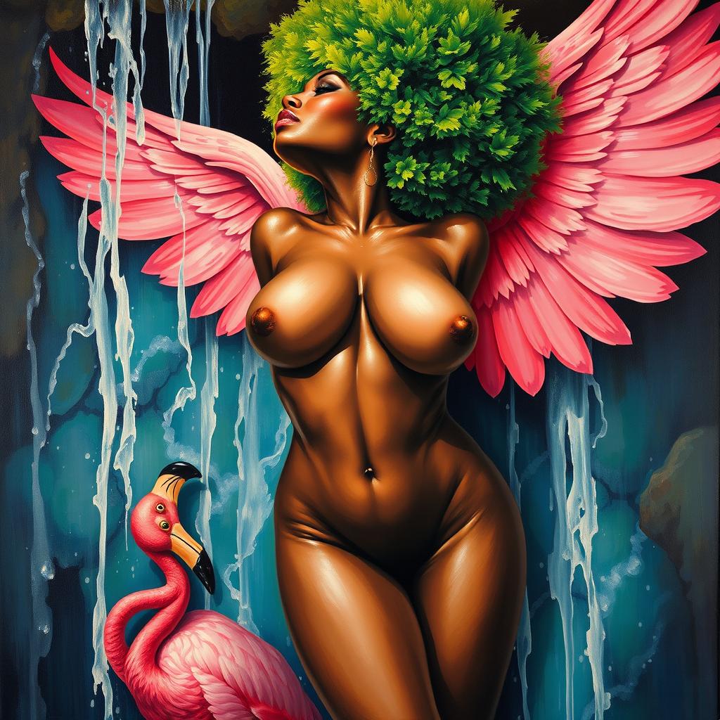 A polished, oil-based painting depicting a full nude body aerial view of a gorgeous black woman with a bright green tree afro and pink flamingo wings