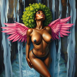 A polished, oil-based painting depicting a full nude body aerial view of a gorgeous black woman with a bright green tree afro and pink flamingo wings