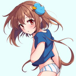 Anime-style illustration of a girl with loose brown hair, accented by a whimsical blue duck hair clip