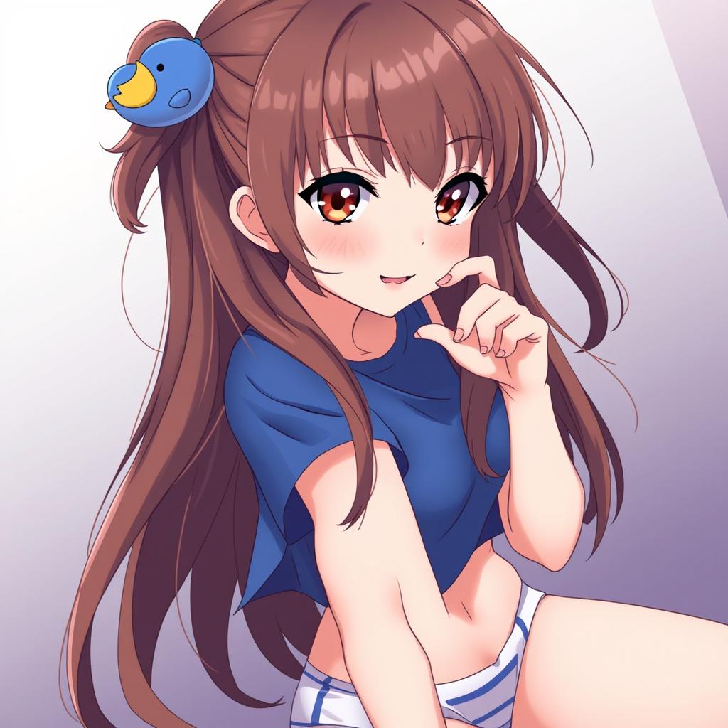 Anime-style illustration of a girl with loose brown hair, accented by a whimsical blue duck hair clip