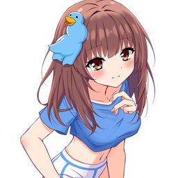 Anime-style illustration of a girl with loose brown hair, accented by a whimsical blue duck hair clip