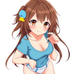 Anime-style illustration of a girl with loose brown hair, accented by a whimsical blue duck hair clip