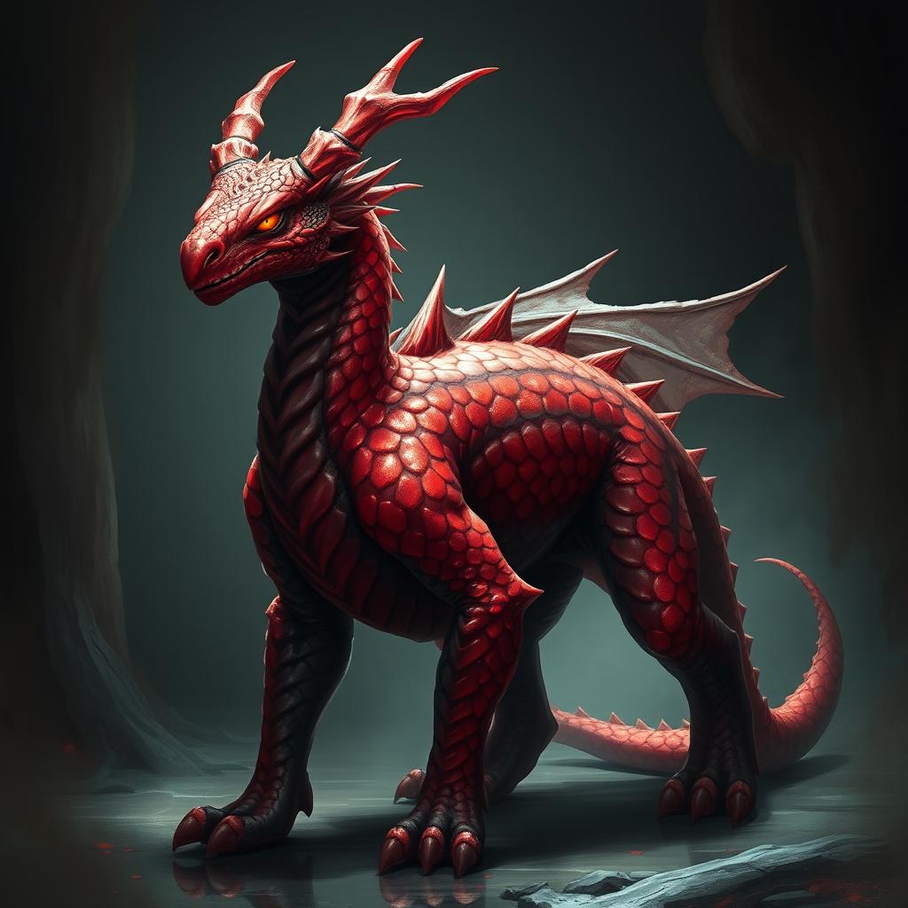 A draconian creature with red and black scales, showcasing a medium build