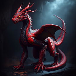 A draconian creature with red and black scales, showcasing a medium build