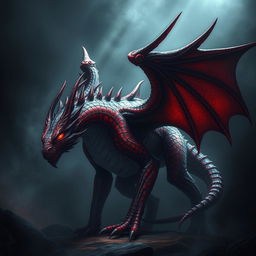 A draconian creature with red and black scales, showcasing a medium build