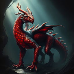 A draconian creature with red and black scales, showcasing a medium build