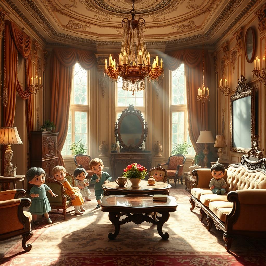 A picturesque scene of a mini family playing hide and seek in an opulent mansion