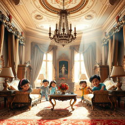 A picturesque scene of a mini family playing hide and seek in an opulent mansion