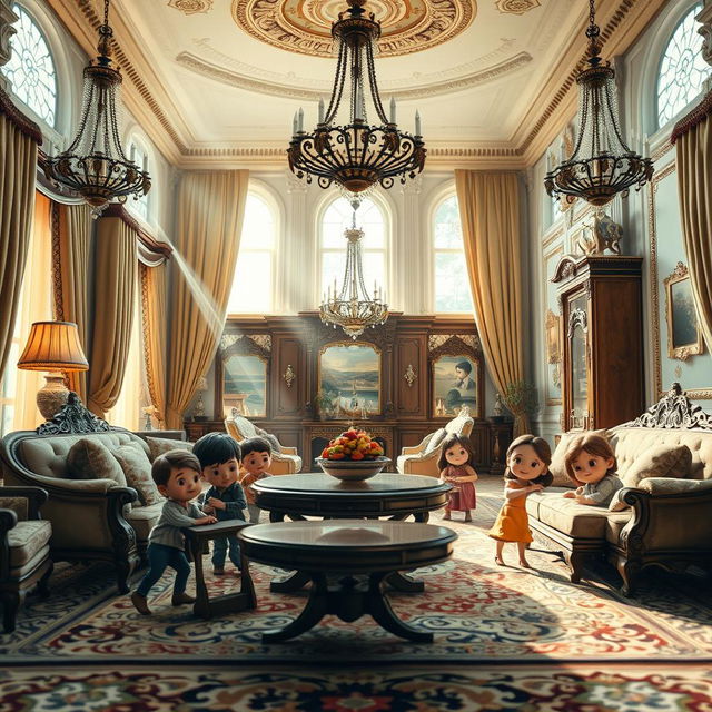 A picturesque scene of a mini family playing hide and seek in an opulent mansion