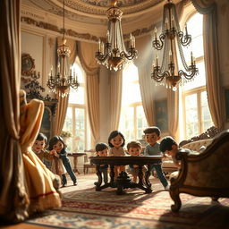 A picturesque scene of a mini family playing hide and seek in an opulent mansion