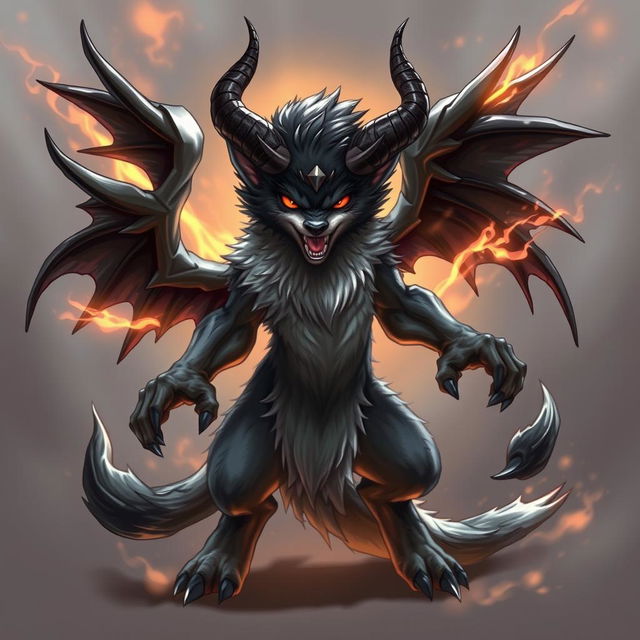 A powerful and mystical anthropomorphic creature with black wings and prominent horns, embodying a sense of rage and fury