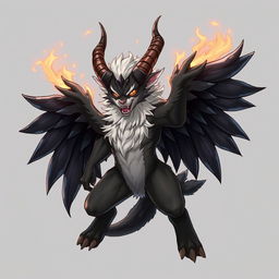 A powerful and mystical anthropomorphic creature with black wings and prominent horns, embodying a sense of rage and fury