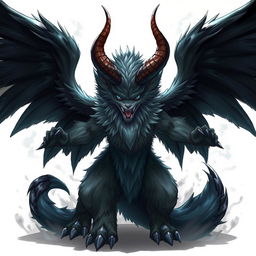 A powerful and mystical anthropomorphic creature with black wings and prominent horns, embodying a sense of rage and fury