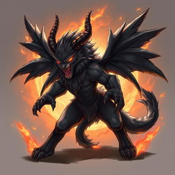 A powerful and mystical anthropomorphic creature with black wings and prominent horns, embodying a sense of rage and fury