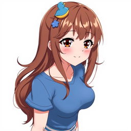 Anime-style illustration of a girl with brown loose hair and a blue duck hair clip