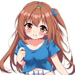 Anime-style illustration of a girl with brown loose hair and a blue duck hair clip