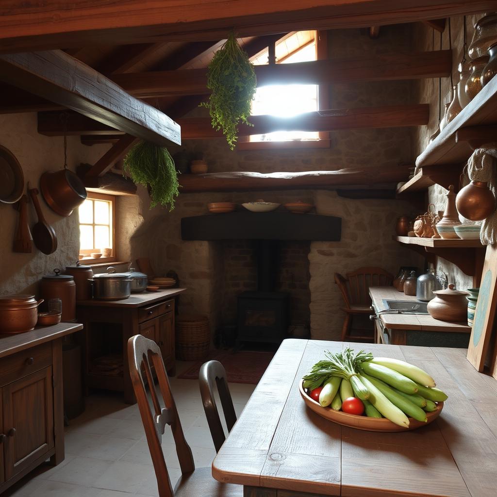 A rustic kitchen setting with wooden beams and stone walls, featuring an old-fashioned wooden table and chairs