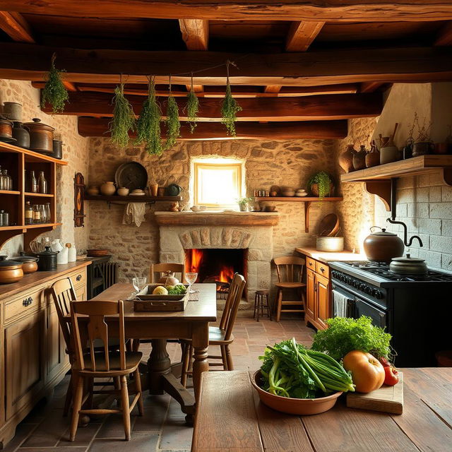 A rustic kitchen setting with wooden beams and stone walls, featuring an old-fashioned wooden table and chairs