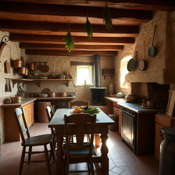 A rustic kitchen setting with wooden beams and stone walls, featuring an old-fashioned wooden table and chairs