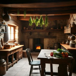 A rustic kitchen setting with wooden beams and stone walls, featuring an old-fashioned wooden table and chairs