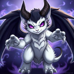 A normal-sized, powerful and mystical anthropomorphic creature with black wings and prominent horns, having striking purple eyes that enhance its mysterious nature