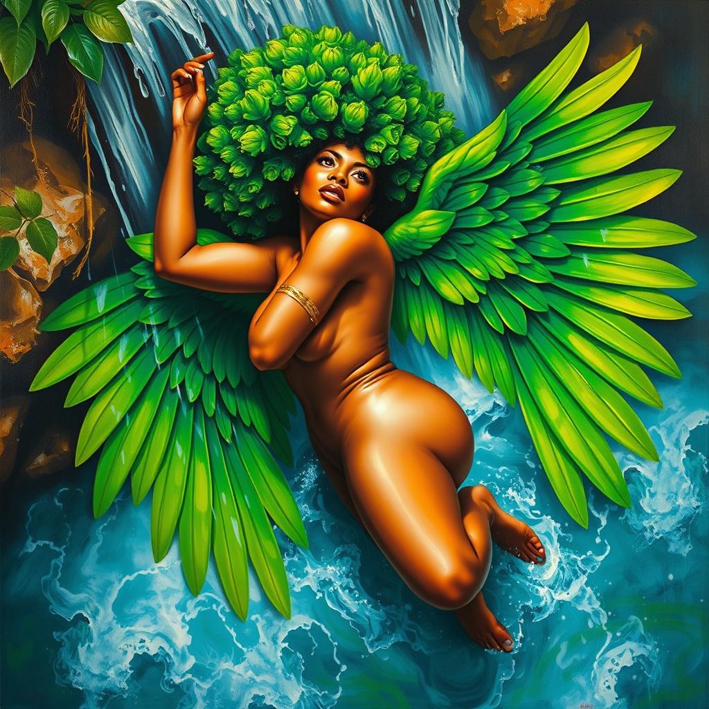 A polished, oil-based painting depicting a full nude body aerial view of a gorgeous black woman with a bright green tree afro, green macaw wings, beautiful breasts, and a big booty in a sensual pose while looking up