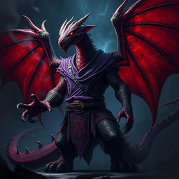 A strong draconian with Witcher powers, featuring red and black scales, dressed in a purple and black tunic
