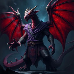 A strong draconian with Witcher powers, featuring red and black scales, dressed in a purple and black tunic